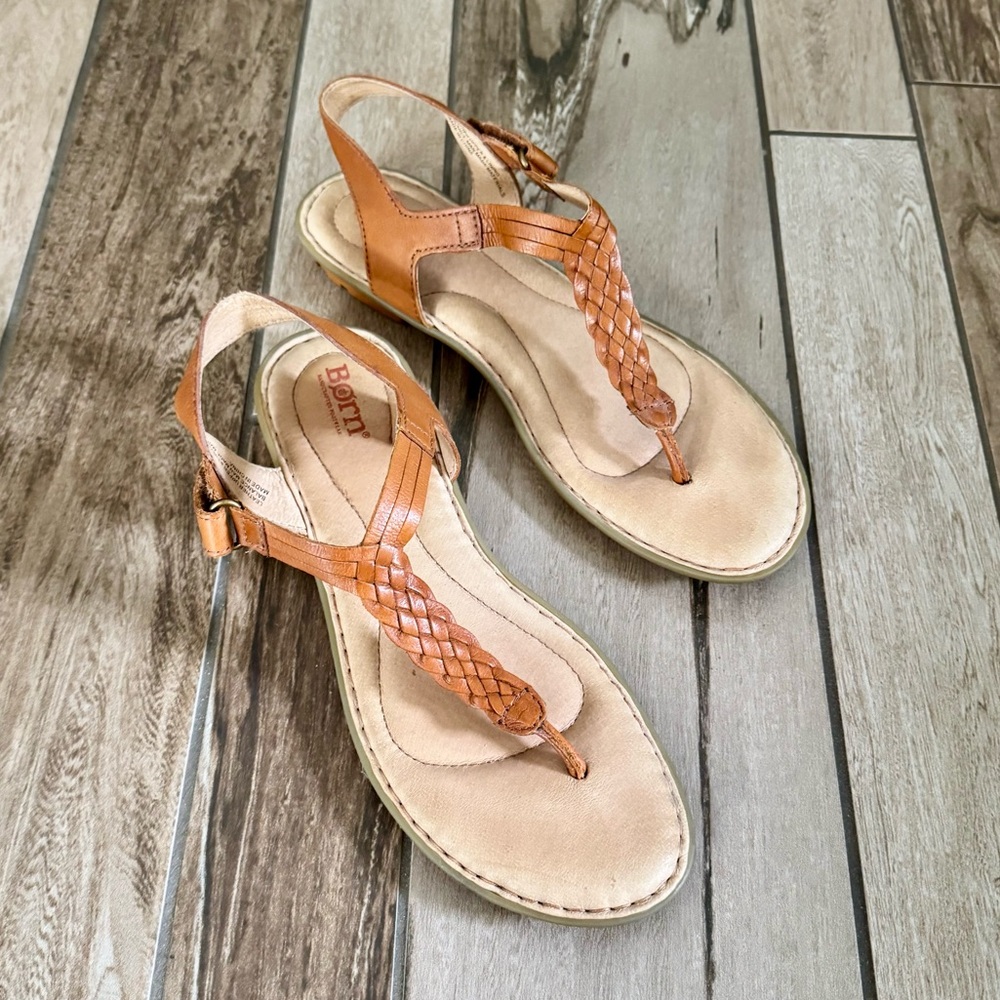BORN Yarrow Braided Leather Ankle T-Strap Flat Sandals, Cognac Tan sz. 8M - Picture 14 of 16